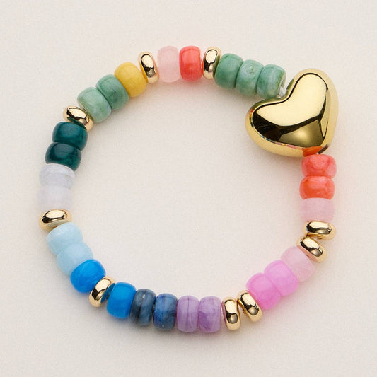 Glass Bead Bracelet with Gold Heart Accent: MT