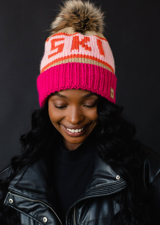 Pink, Tan & Lt. Pink Ski Pom Hat