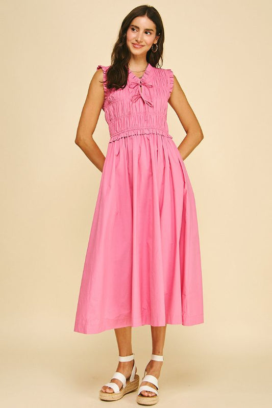 Front-Tie Detailed Smocking MIDI Dress in Candy Pink