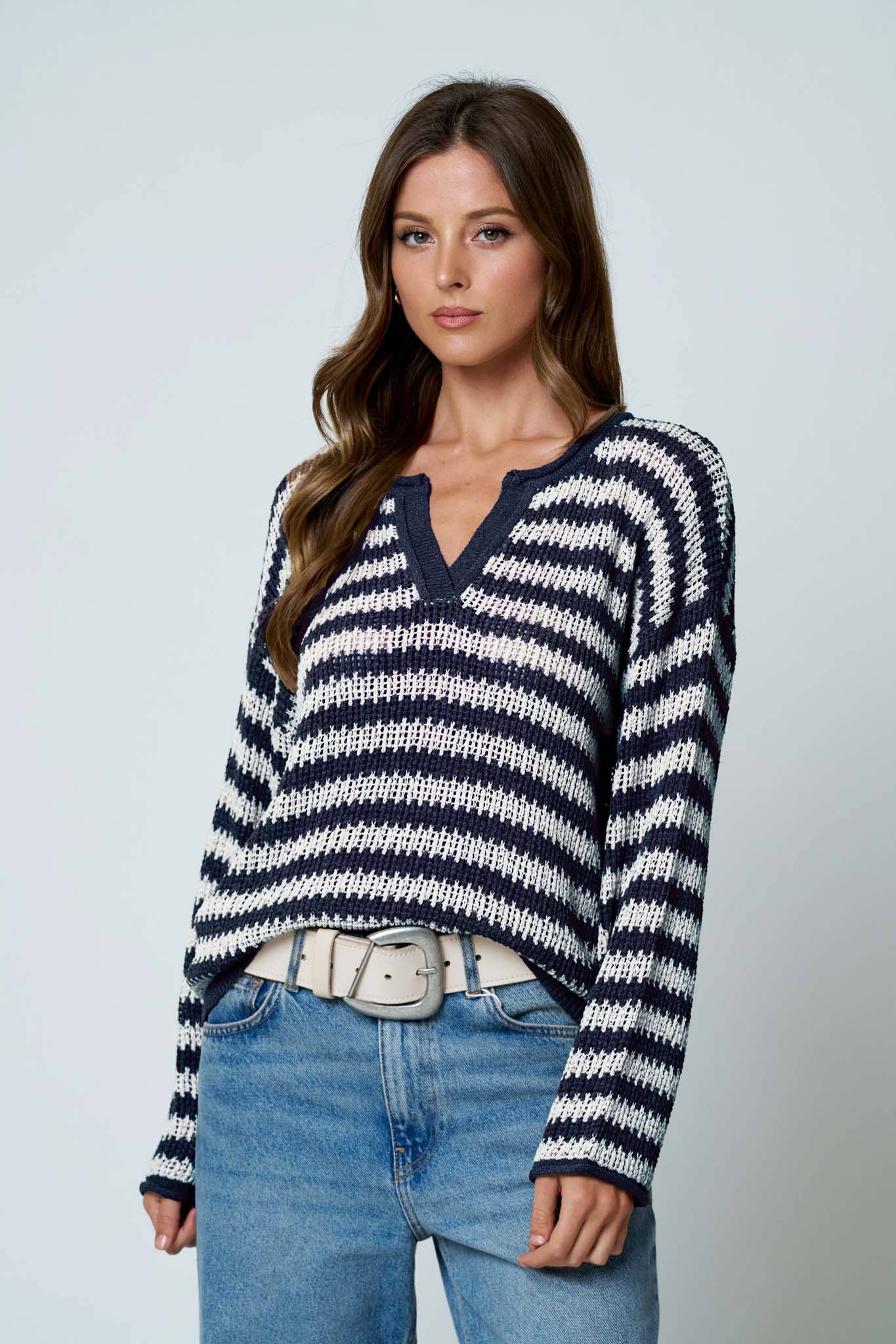 Stripe Raw Edge Split Neck Sheer Knit Sweater: Navy
