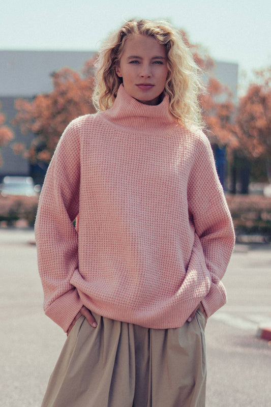 Relaxed Waffle Knit High Neck Sweater: Soft Peach