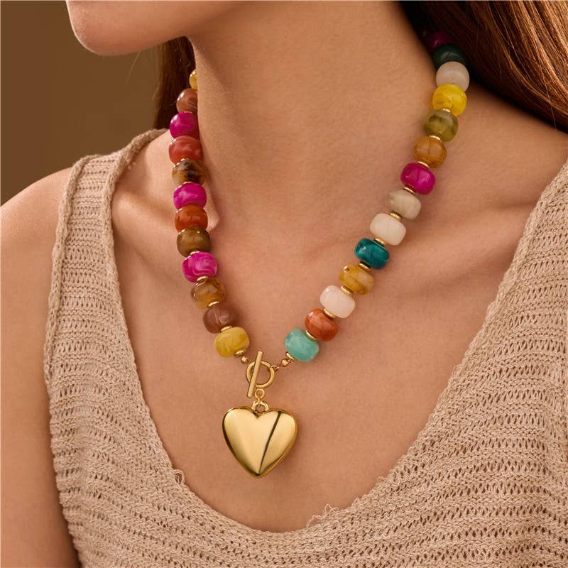 Multi Beaded Heart Charm Toggle Necklace | Multi