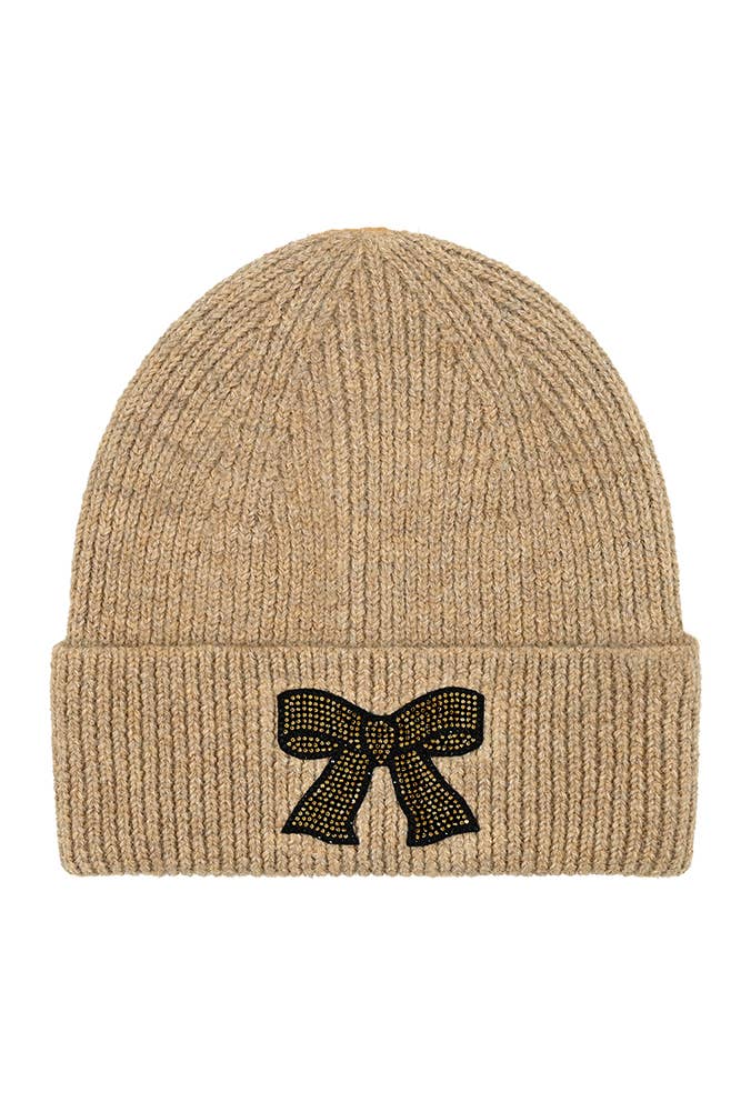 C.C Rhinestone Ribbon Embellishment Beanie: Taupe