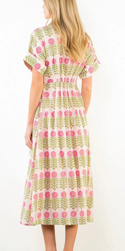 Short Sleeve Floral Pattern Button Down Dress in Pink