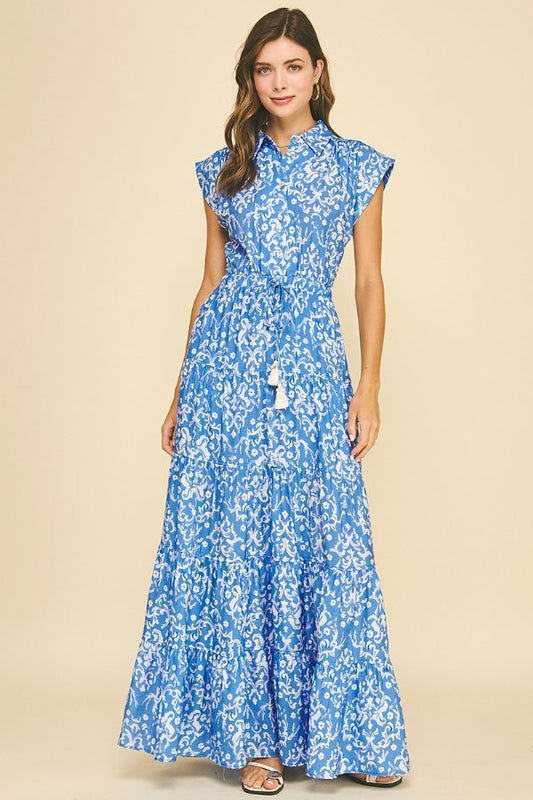 Damask Print Tiered Maxi Dress With Tessel Tie in Blue