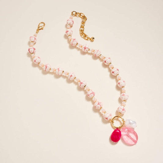 18 In Pattern Ceramic Bead Pearl Pendant Necklace: Pink