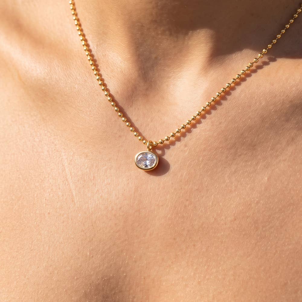 Oval Bezel Cz Pendant Ball Chain Necklace: GOLD
