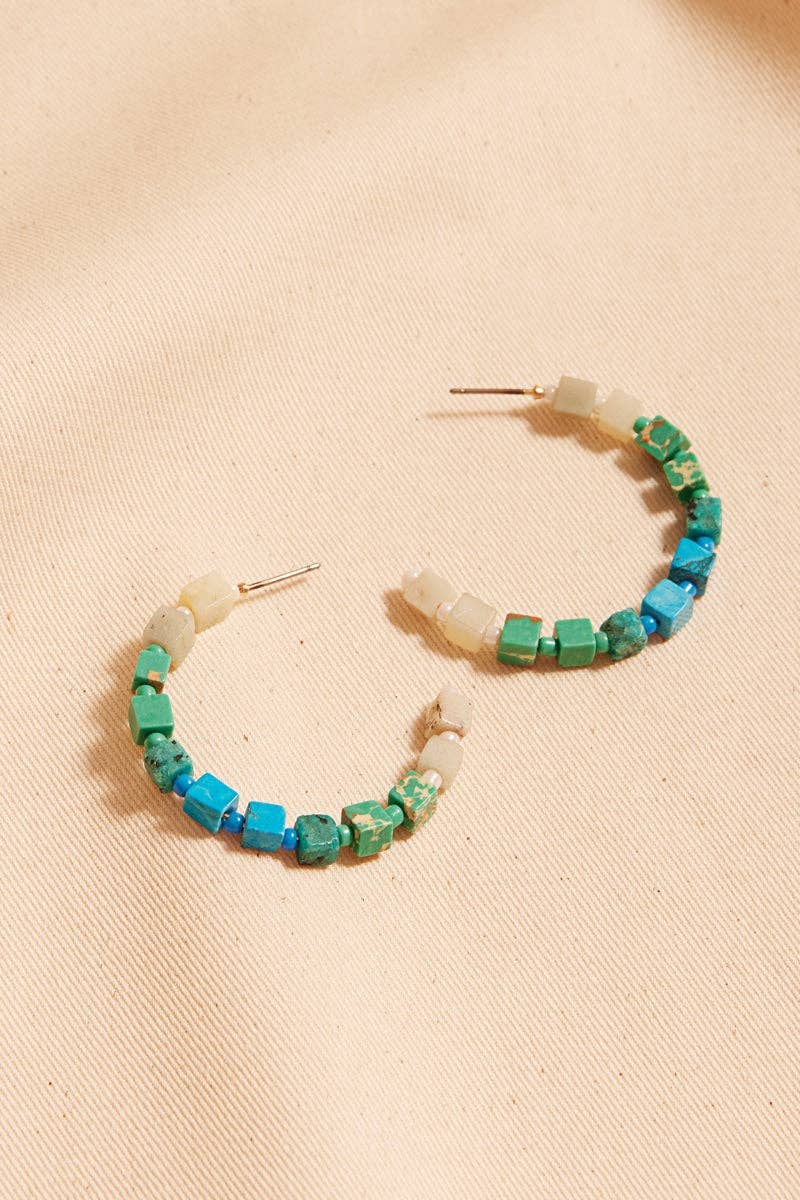 Square Semi Precious Stone Bead Mix Hoop Earrings: TQ / ONE