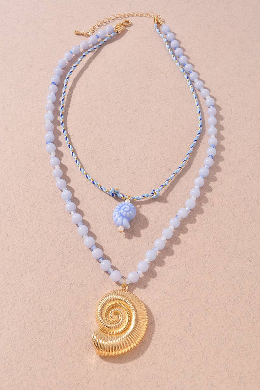 Ocean Inspired Layered Bead Necklace with Shell Pendant: Blue
