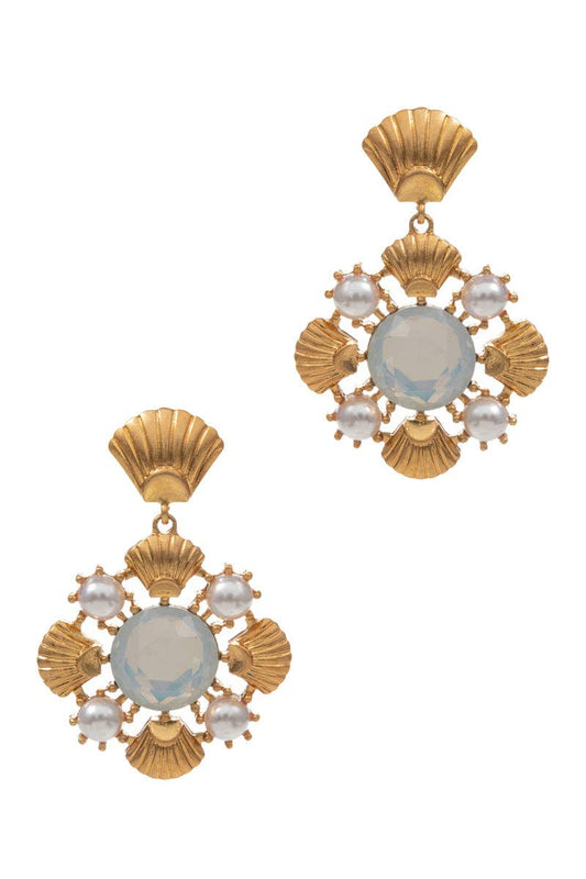 Flower With Shell Shaped With Pearl Post Earrings: OPL / ONE