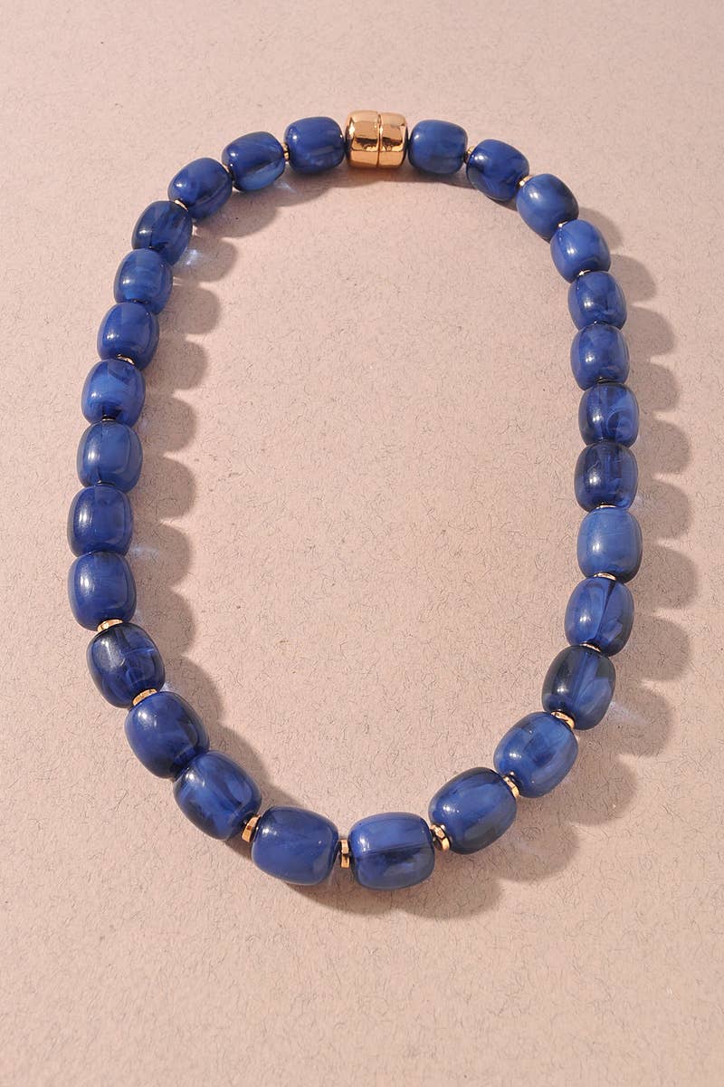 Marbled Resin Barrel Bead Statement Necklace: Blue