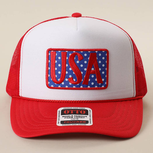 USA Embroidered Polka Dot Patch Foam Trucker Hat: RED/WHT/RED / ONE SIZE