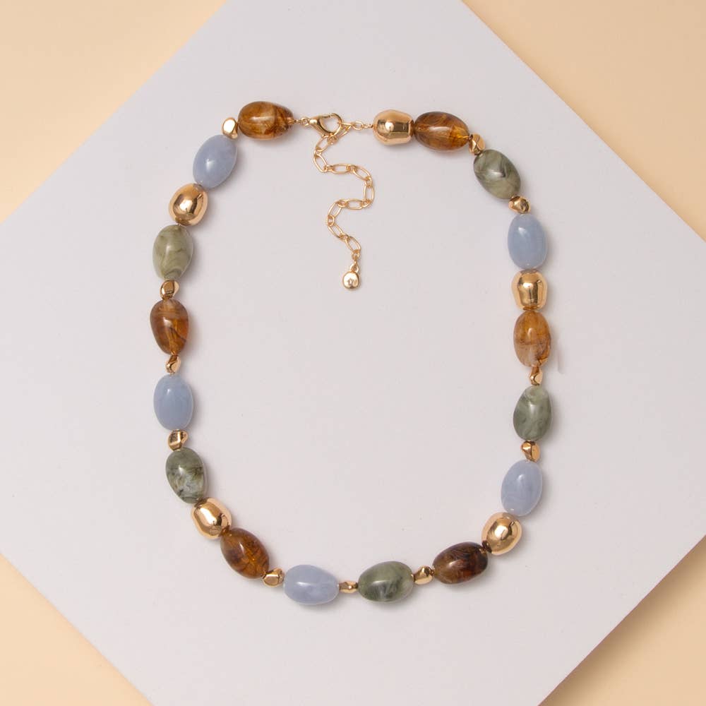Marbled Finish Multicolor Oval Stone Bead Necklace: Blue