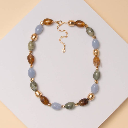 Marbled Finish Multicolor Oval Stone Bead Necklace: Blue