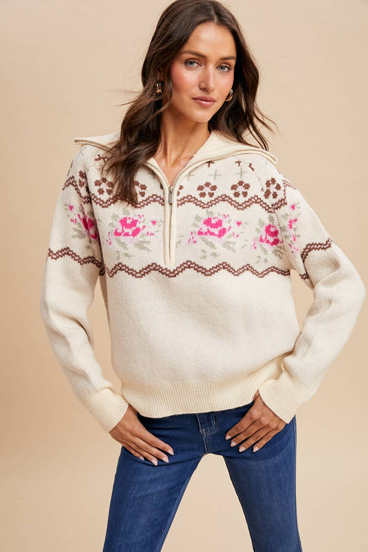 Knitted Fair Isle Half ZIP Pullover: Creme
