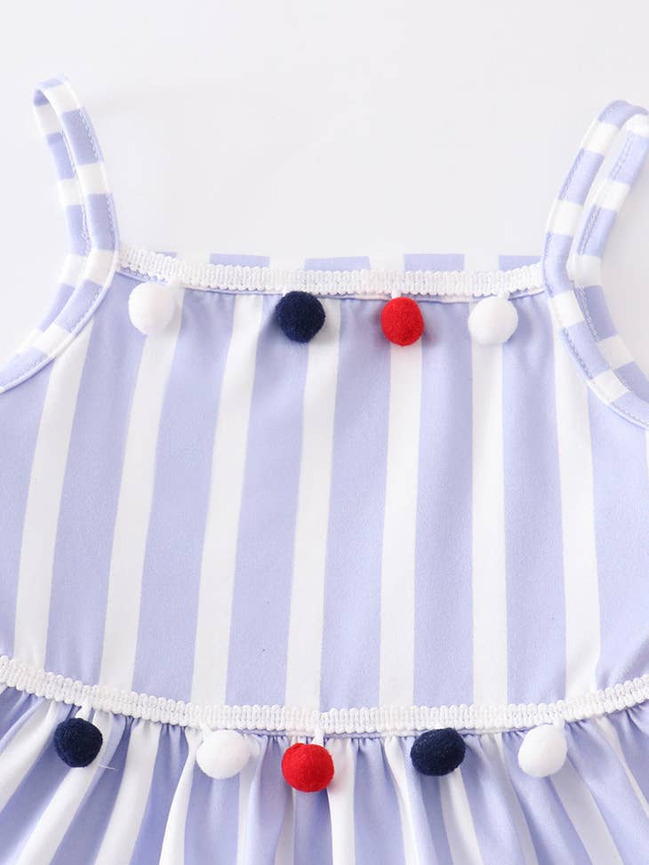 Blue stripe pom pom girl dress