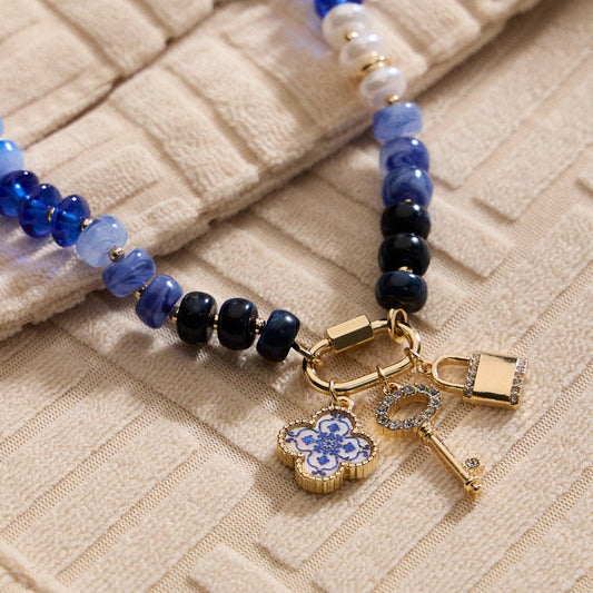 Textured Glass Bead Necklace with Charm Trio: Blue