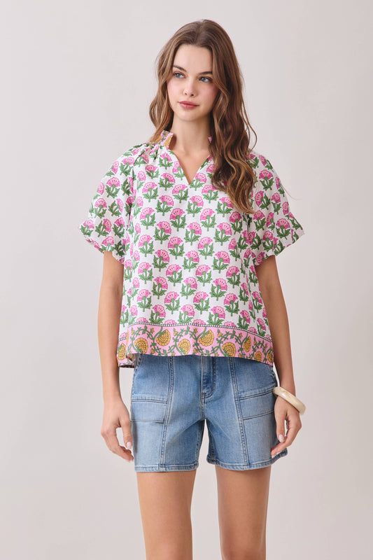 Floral Print Bubble Sleeves Split Neckline Top