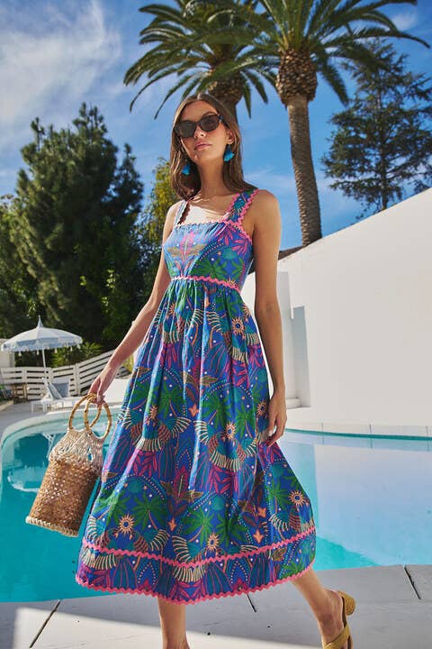 Yori Tropical Rulley Pleated Midi Dress
