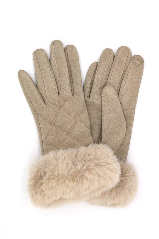 Fluffy Faux Fur Suede Smart Touch Winter Gloves: Ivory