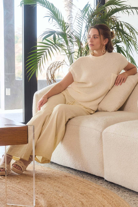 Mock Neck Short Sleeve Pocket Detail Sweater Top: Ivory