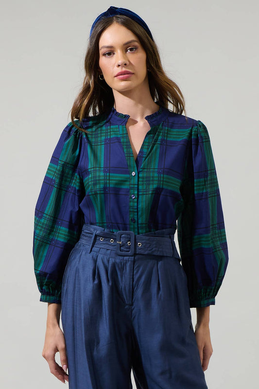 Harrisville Plaid Ima Button Up Top: Navy Green