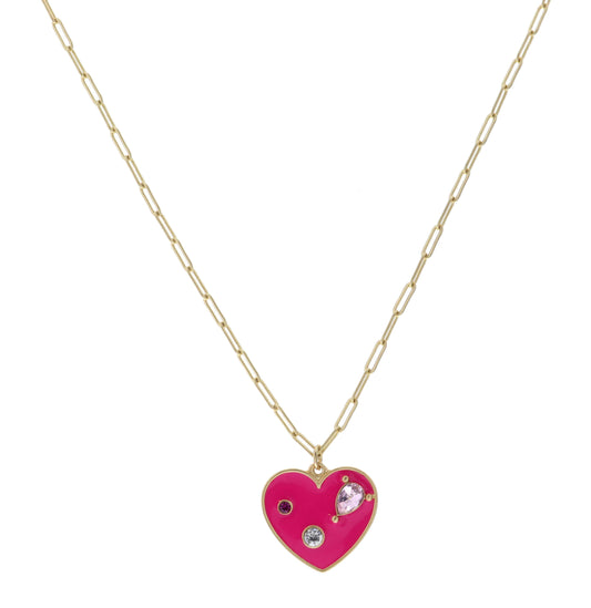 Kids 14" Hot Pink Heart with Multi Crystals Necklace