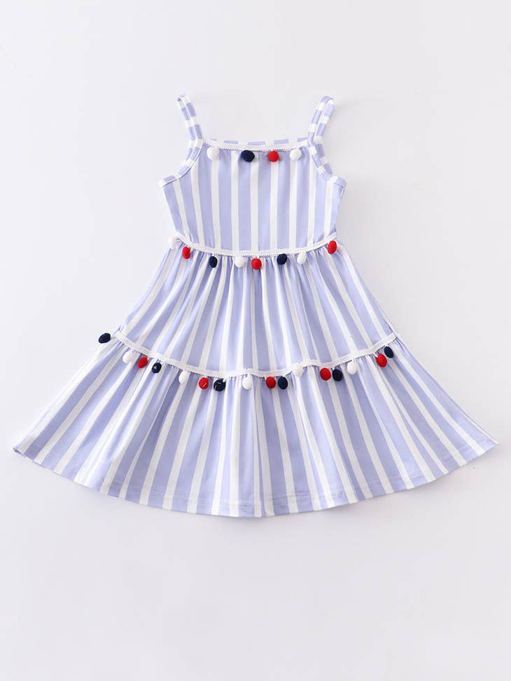 Blue stripe pom pom girl dress