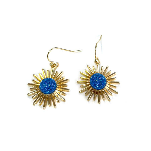 Sunburst Resin Druzy Fish Hook Dangle Earrings: Navy Blue AB
