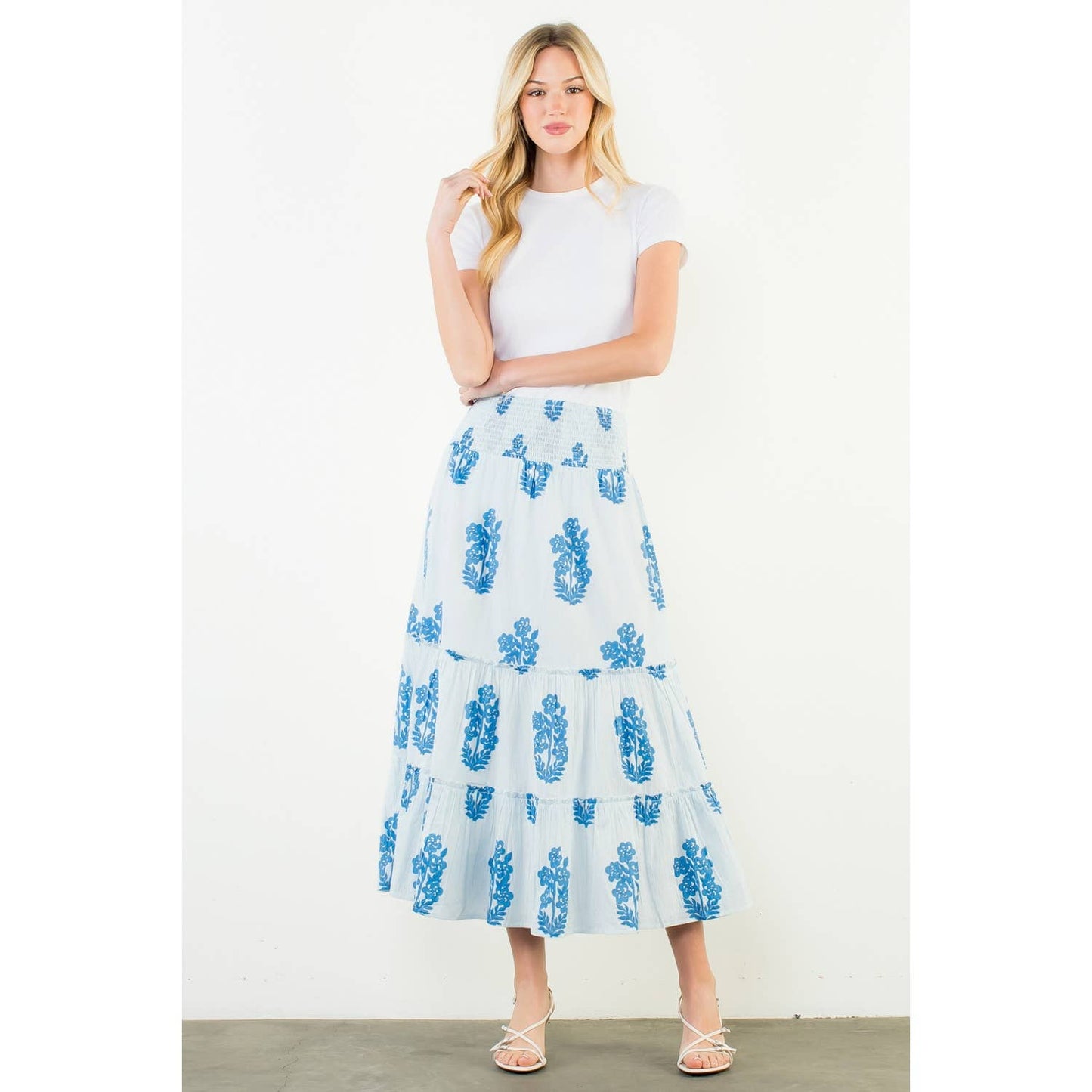 Smocked Waist Floral Pattern Long Skirt: LIGHT BLUE