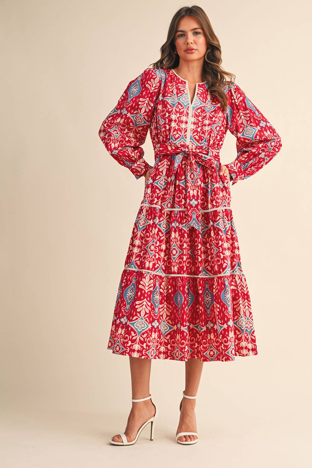 Exclusive Print Contrast Binding Printed Midi Dress: Berry Red Multi