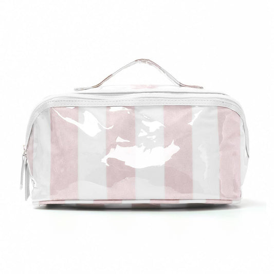 Checker Striped  Open Flat Cosmetic Makeup Pouch | Pink White
