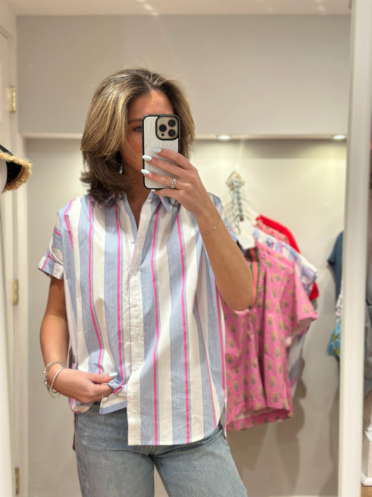 Striped Print Short Dolman Sleeves Top in Pink