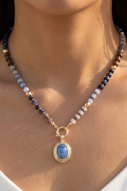 Chunky Bead Necklace With Oval Stone Pendant: GDBL