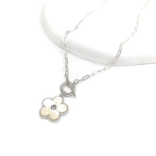 Flower Mother of Pearl Pendant with Toggle Chain Necklace: Silver