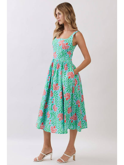 Tropical Floral Print Smocked Back Midi Dress