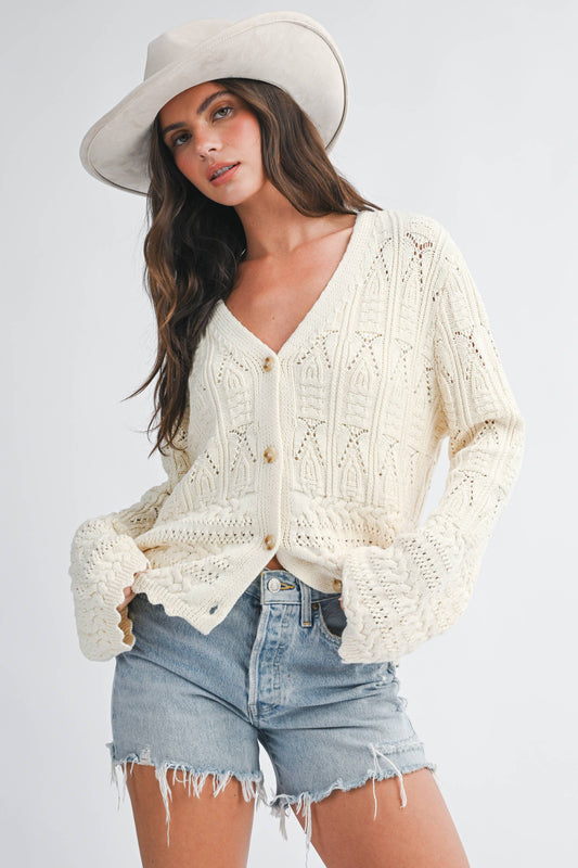 Textured Pointelle Button Front Cardigan Top: Natural / Contemporary