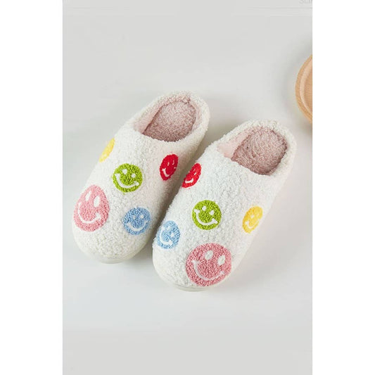 Multi Smiley Face Fuzzy Fleece Soft Slipper: IVORY