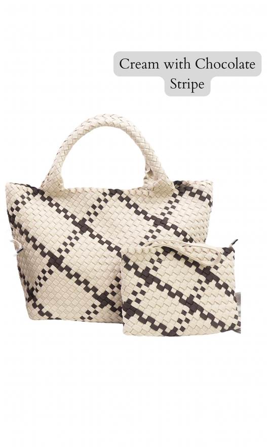 The Charli I | Large Woven Neoprene Tote with Wristlet: Cream with Chocolate Stripe