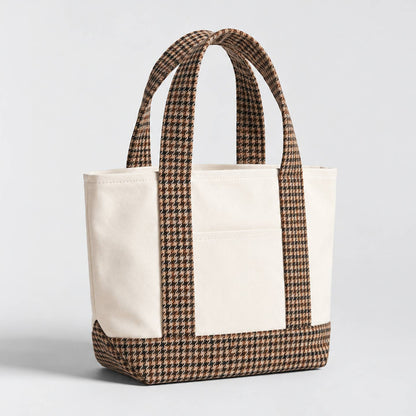 PLAID Detail Canvas Tote Bag: Beige