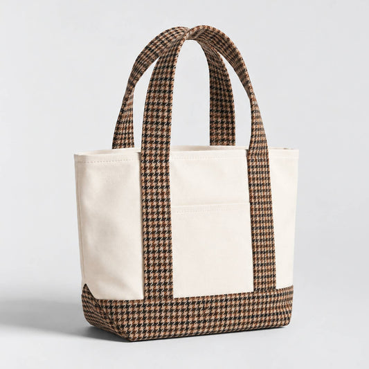 PLAID Detail Canvas Tote Bag: Beige