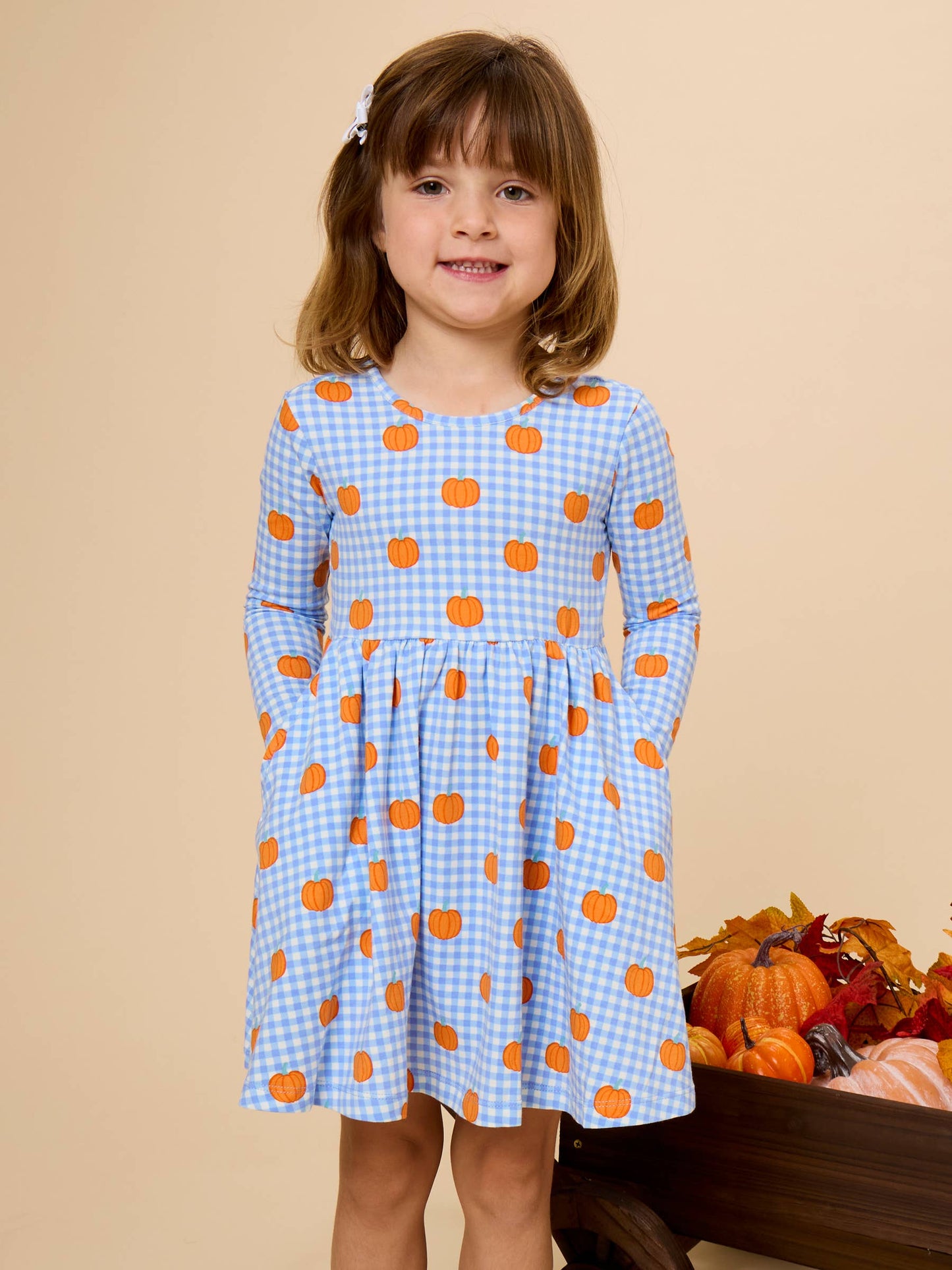 Girls Pumpkin Patch Gingham Knit Long Sleeve Twirl Dress