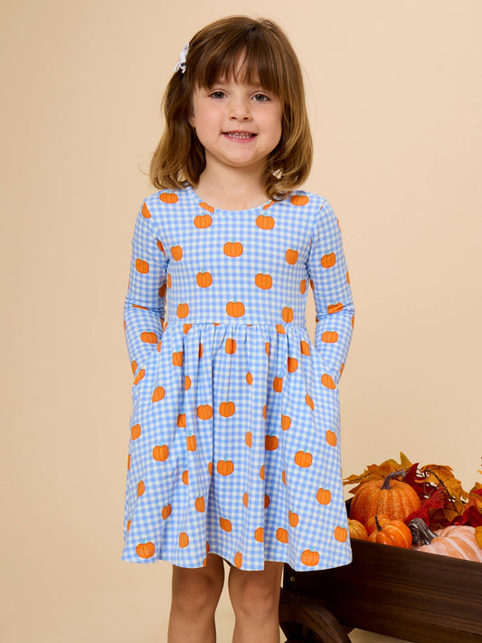 Girls Pumpkin Patch Gingham Knit Long Sleeve Twirl Dress