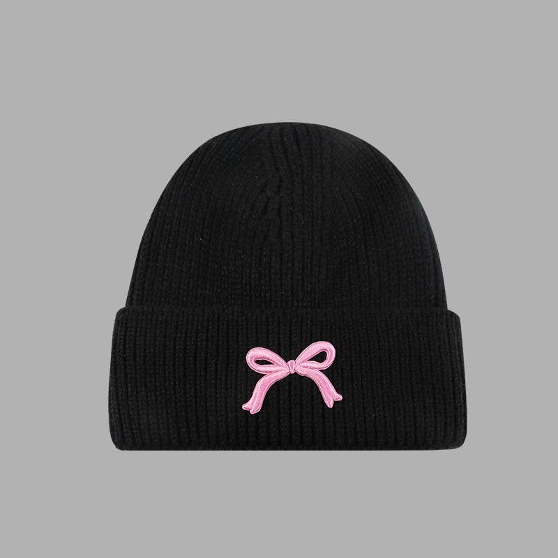 Soft Ribbed Knit Bow Accent Beanies Hat | Black