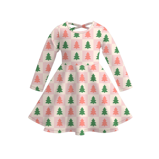 Girls Christmas Dress Long Sleeve Christmas Vibe Dress: Trees