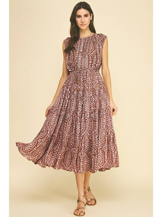 Bohemian Leaf Print Tiered Mini Dress in Brown/Pink