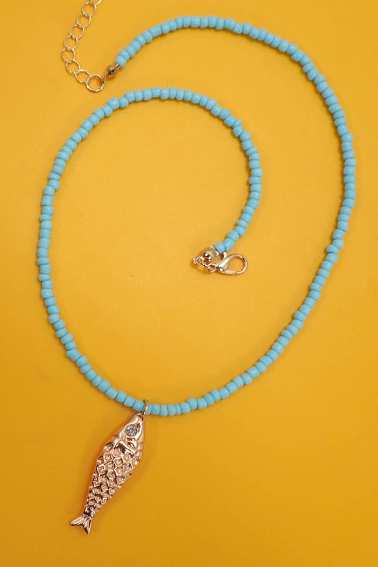 18k Stainless Steel Tarnish Free Fish Necklace | Blue