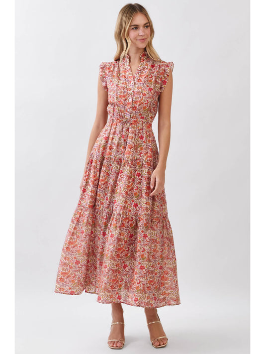Floral Tiered Maxi Dress in Red Multi