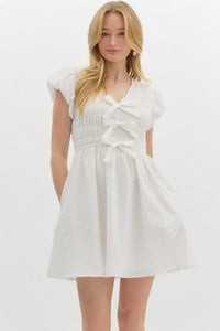 Chloe Bow Front Smocked Mini Dress in Off White