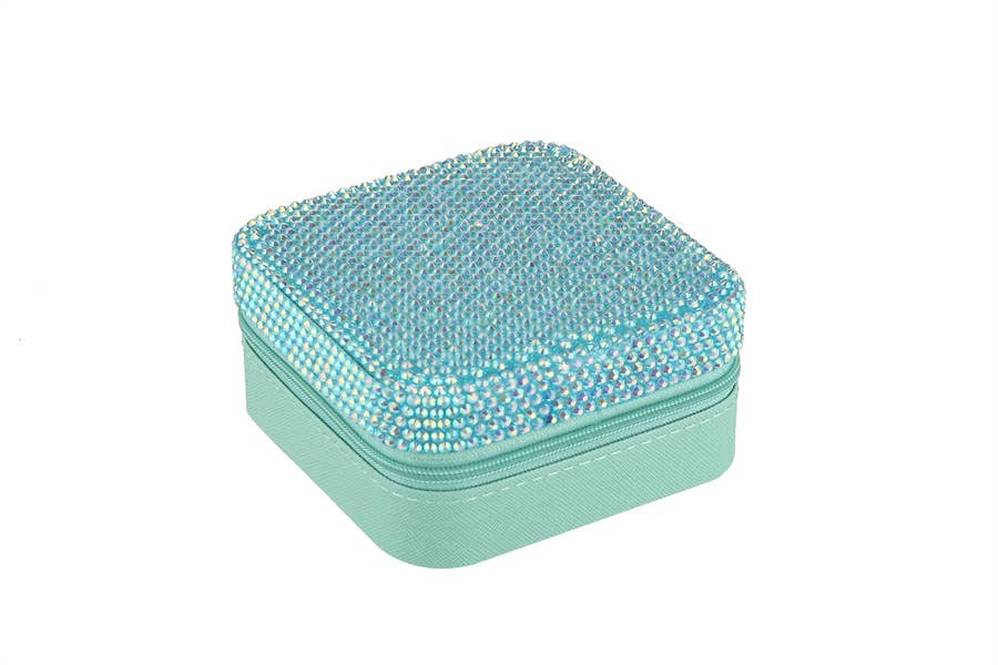 Rhinestone Multi Compartment Jewelry Box: Turq